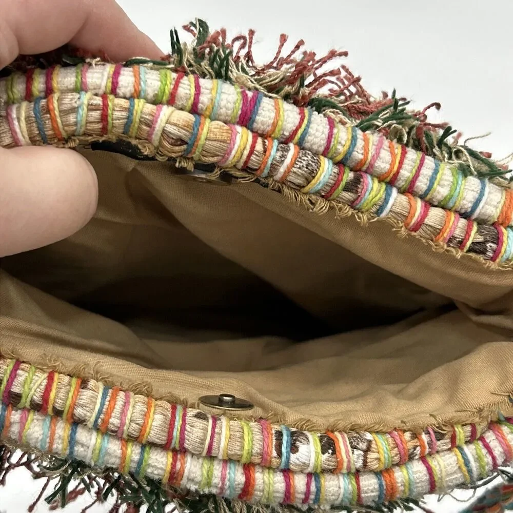 Handmade Lyn Jankowski boho Multicolored‎ fringe Beads Hippie handbag purse Snap
